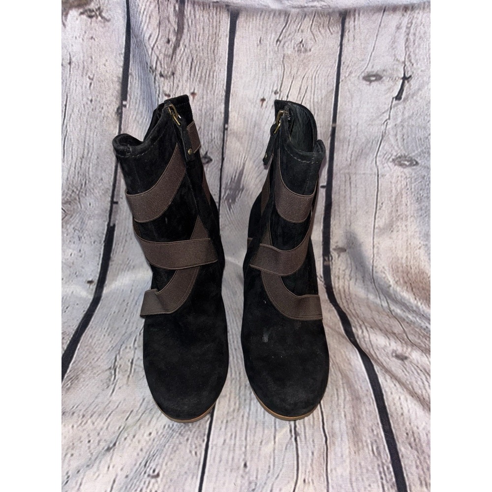 UGG Taleen Black Suede Strappy Mid-Calf Wedge Heeled Boots Women's Size 7